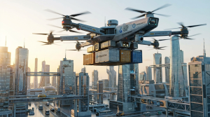 Futuristic drone over a modern city